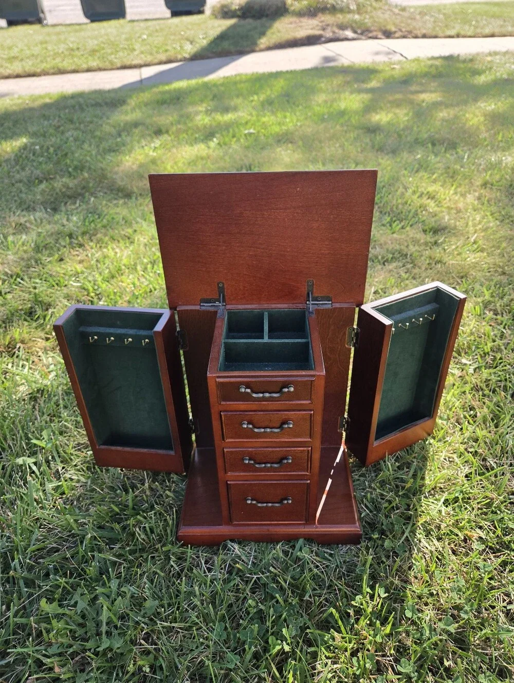 Vintage 1987 The Bombay Company Wooden Jewelry Armoire Box | Green Velvet Lined